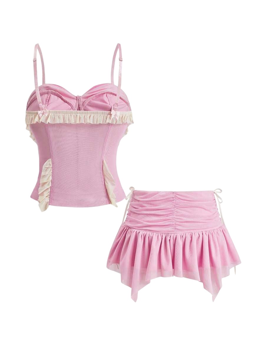 Romantic Palace Lace Bow Camisole & Ruffle Mini Skirt Co-Ord Set