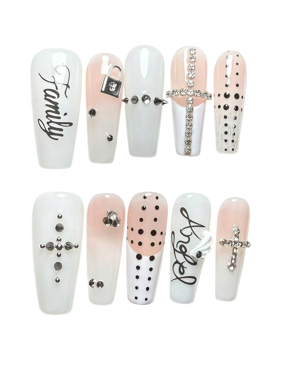 20pcs Y2K White Cross Letter Rivet French Tip Press-On Nails Set