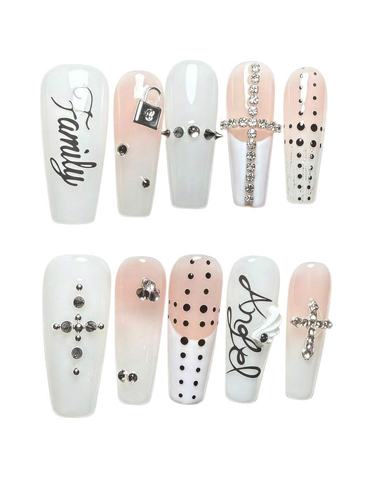 20pcs Y2K White Cross Letter Rivet French Tip Press-On Nails Set