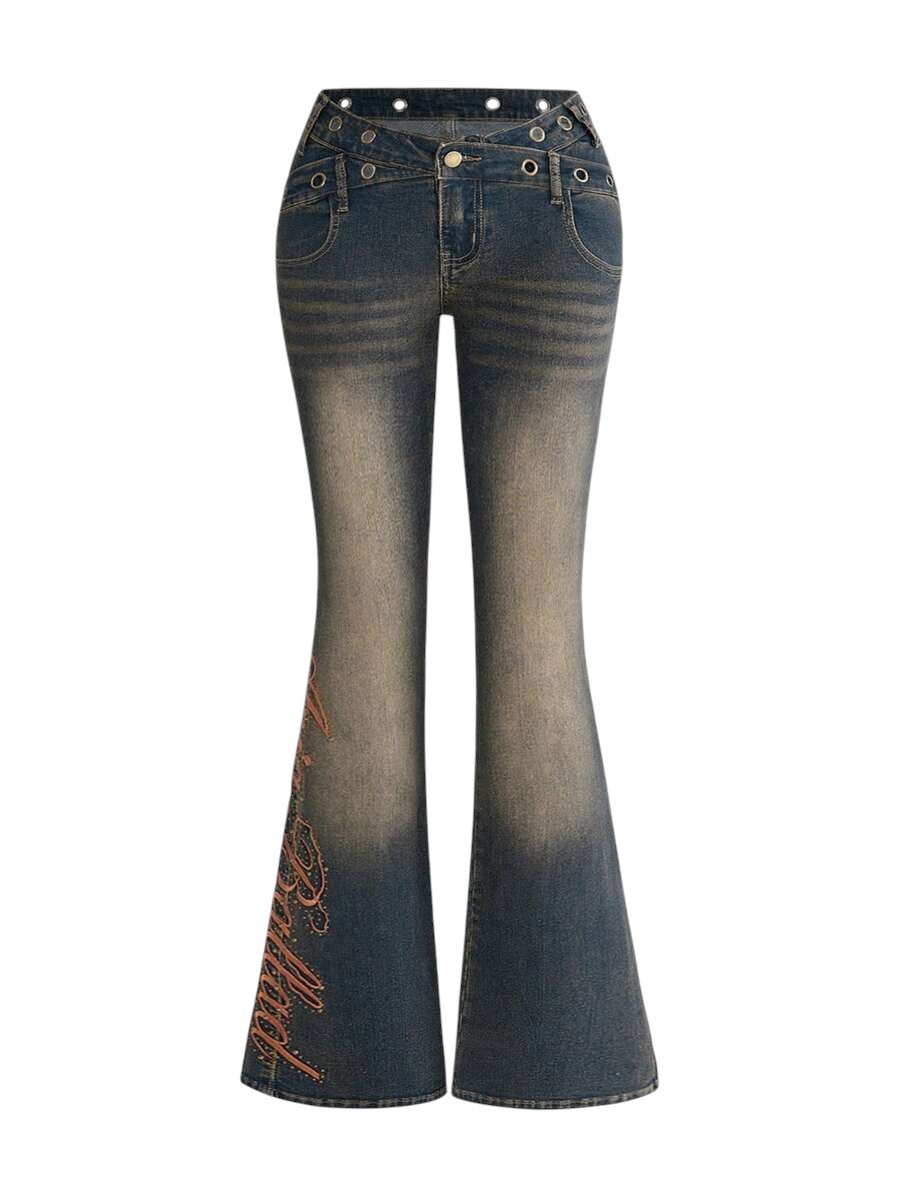 Y2K Low Rise Distressed Skinny Jeans with Slogan Embroidery