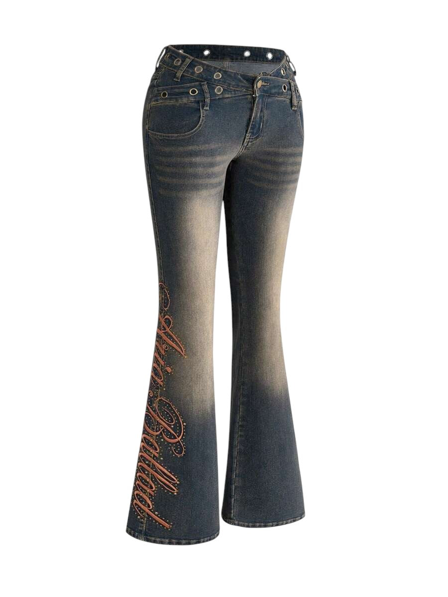 Y2K Low Rise Distressed Skinny Jeans with Slogan Embroidery