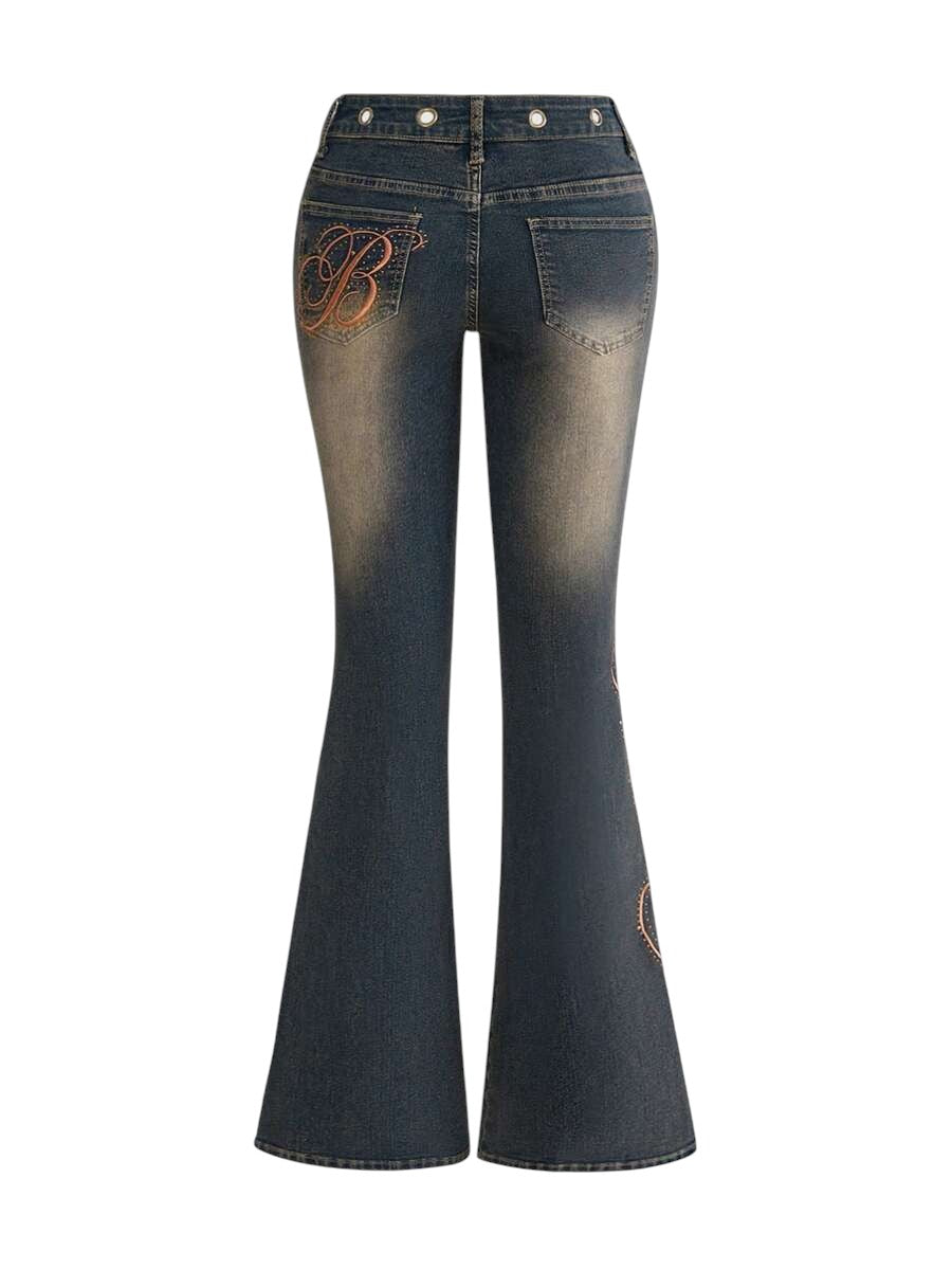 Y2K Low Rise Distressed Skinny Jeans with Slogan Embroidery