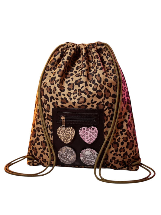 Vintage Leopard Love Badge Multi-Pocket Drawstring Backpack