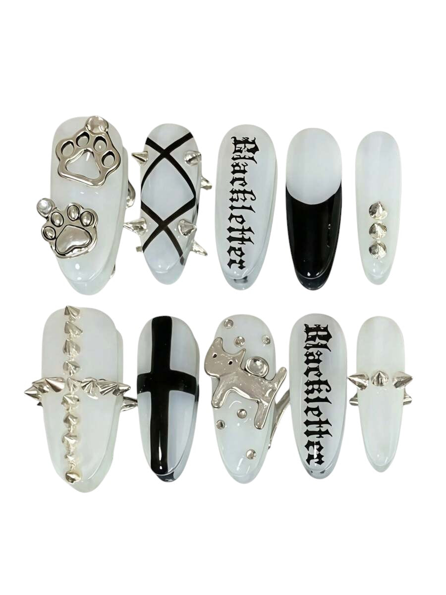 20pcs Y2K White Cross Rivet Letter Print French Tip Press-On Nails Set