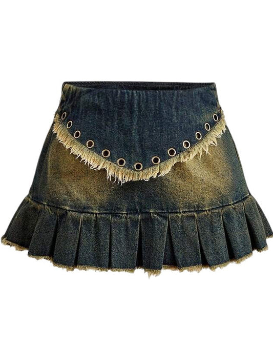 Women's Studded Pleated Denim Mini Skirt