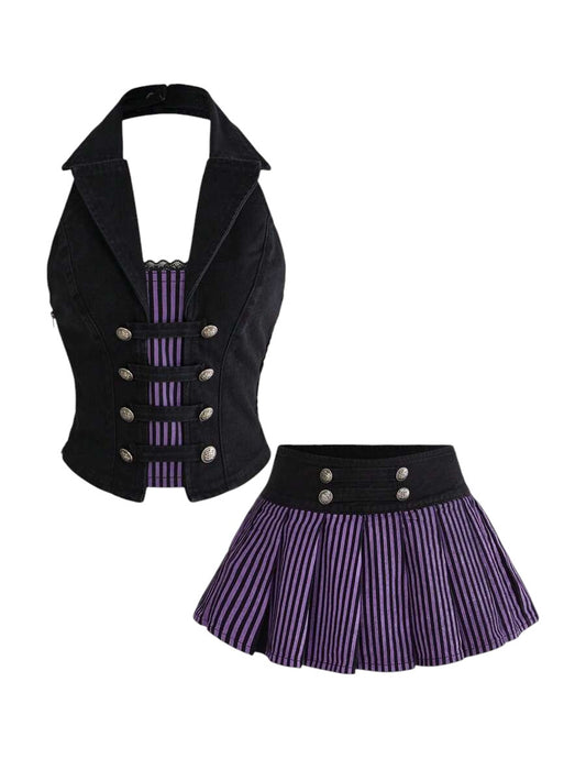 Women's Halter Tank Top & Pleated Denim Skirt 2 Pcs Set