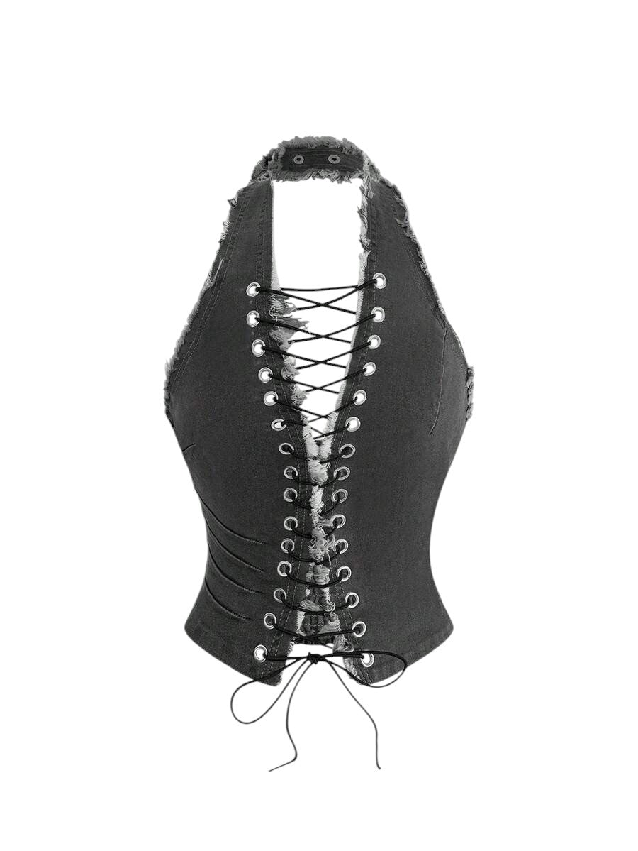 Y2K Eyelet Lace-Up Halter Neck Fitted Denim Top