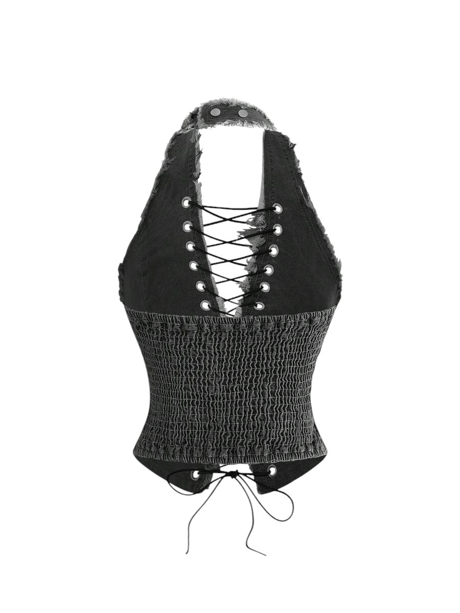 Y2K Eyelet Lace-Up Halter Neck Fitted Denim Top
