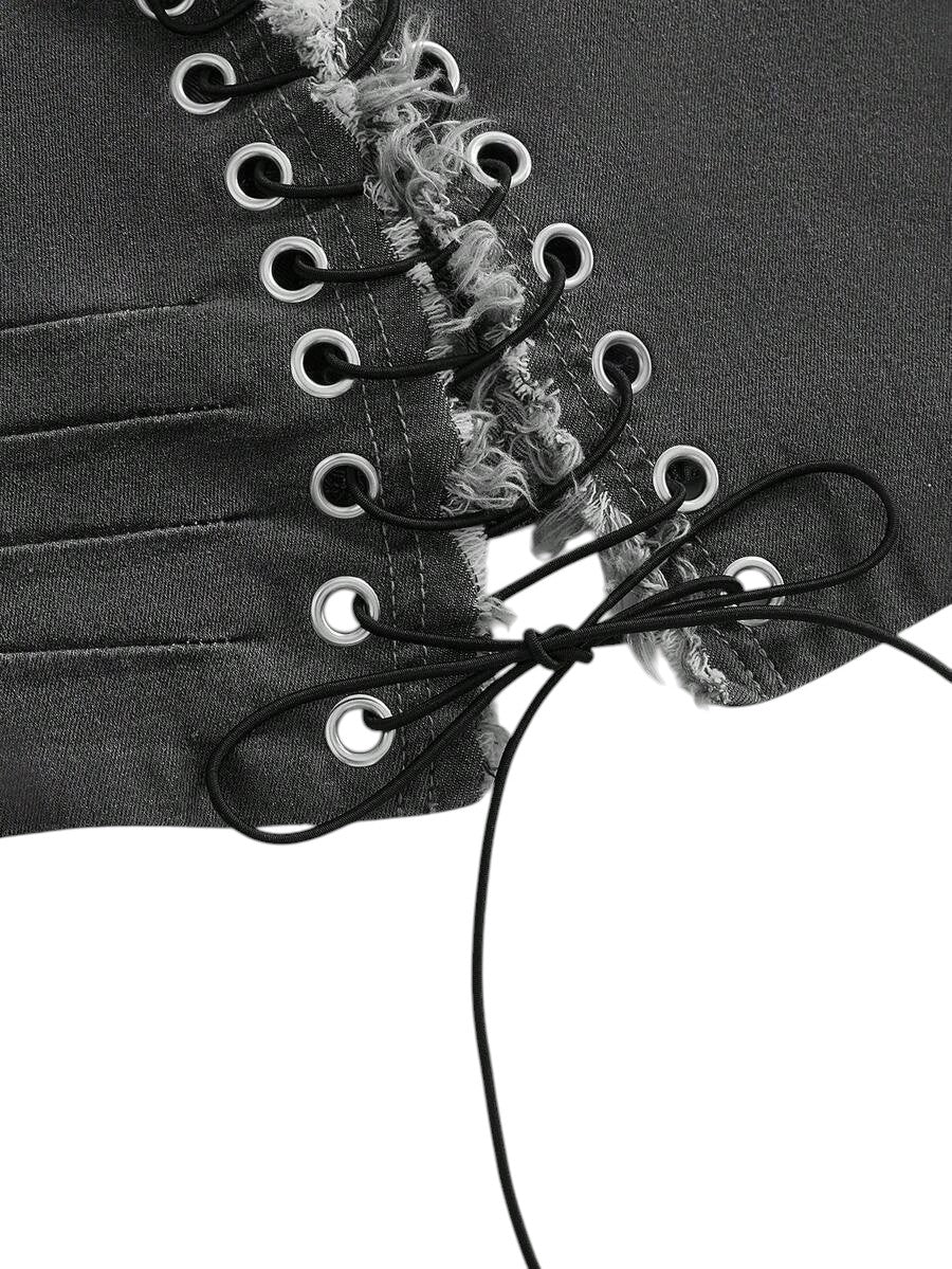 Y2K Eyelet Lace-Up Halter Neck Fitted Denim Top