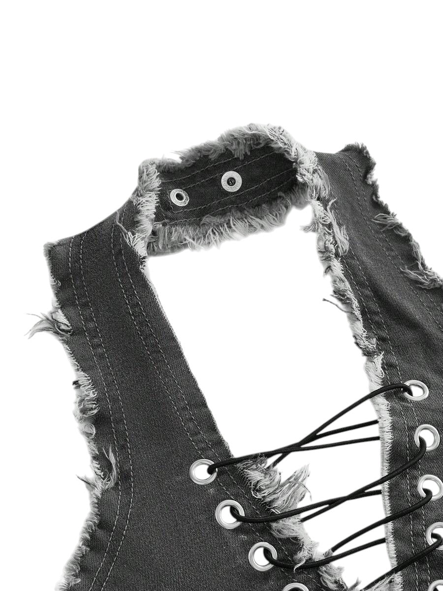 Y2K Eyelet Lace-Up Halter Neck Fitted Denim Top