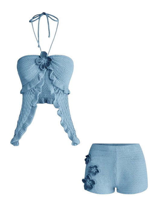 Women's Island Vacation Halter Baby Blue Tie Tank Top & Ultra Low Rise Shorts Set