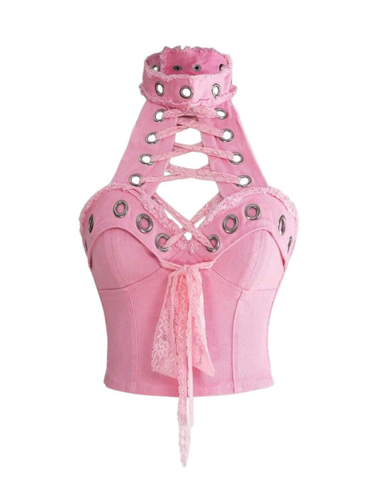 Women's Lace-Up Eyelet Denim Halter Top