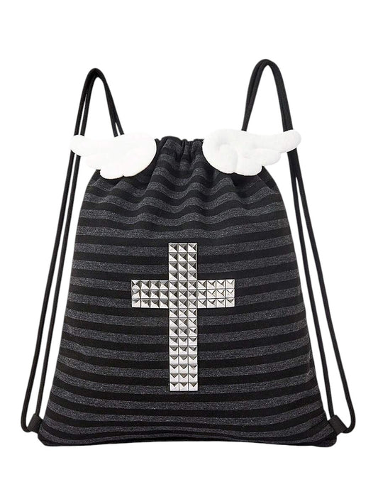 Anime Punk Winged Cross Striped Drawstring Multi-Pocket Backpack