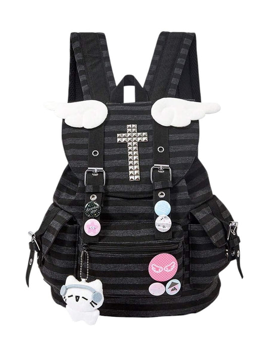 Anime Punk Striped Multi-Pocket Backpack with Wing Cross Badge