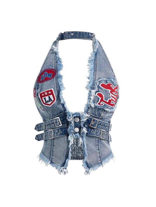Vintage Distressed Halter Denim Tank Top