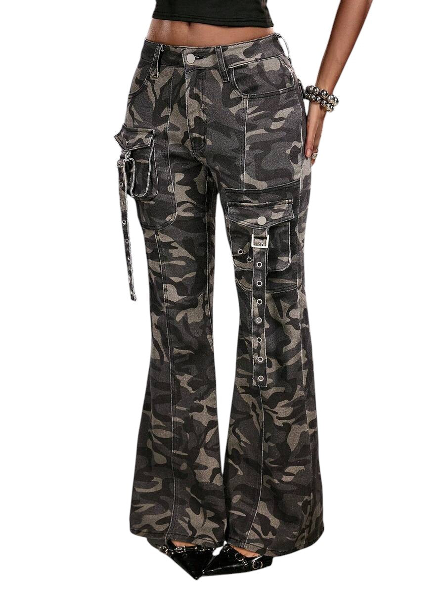 Women's Super Low Rise Camouflage Cargo Flare Denim Jeans