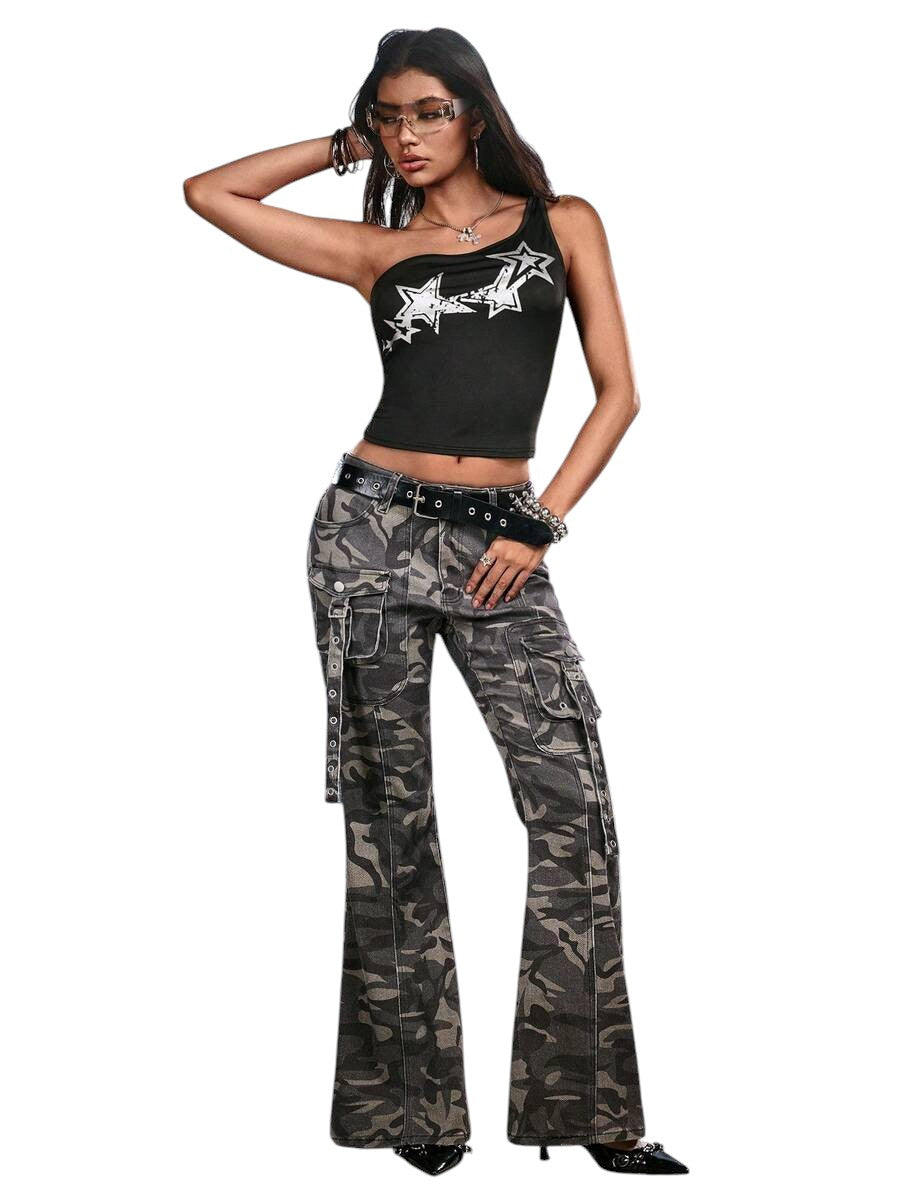 Women's Super Low Rise Camouflage Cargo Flare Denim Jeans