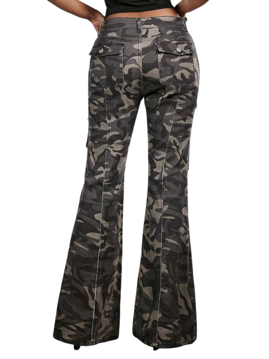 Women's Super Low Rise Camouflage Cargo Flare Denim Jeans