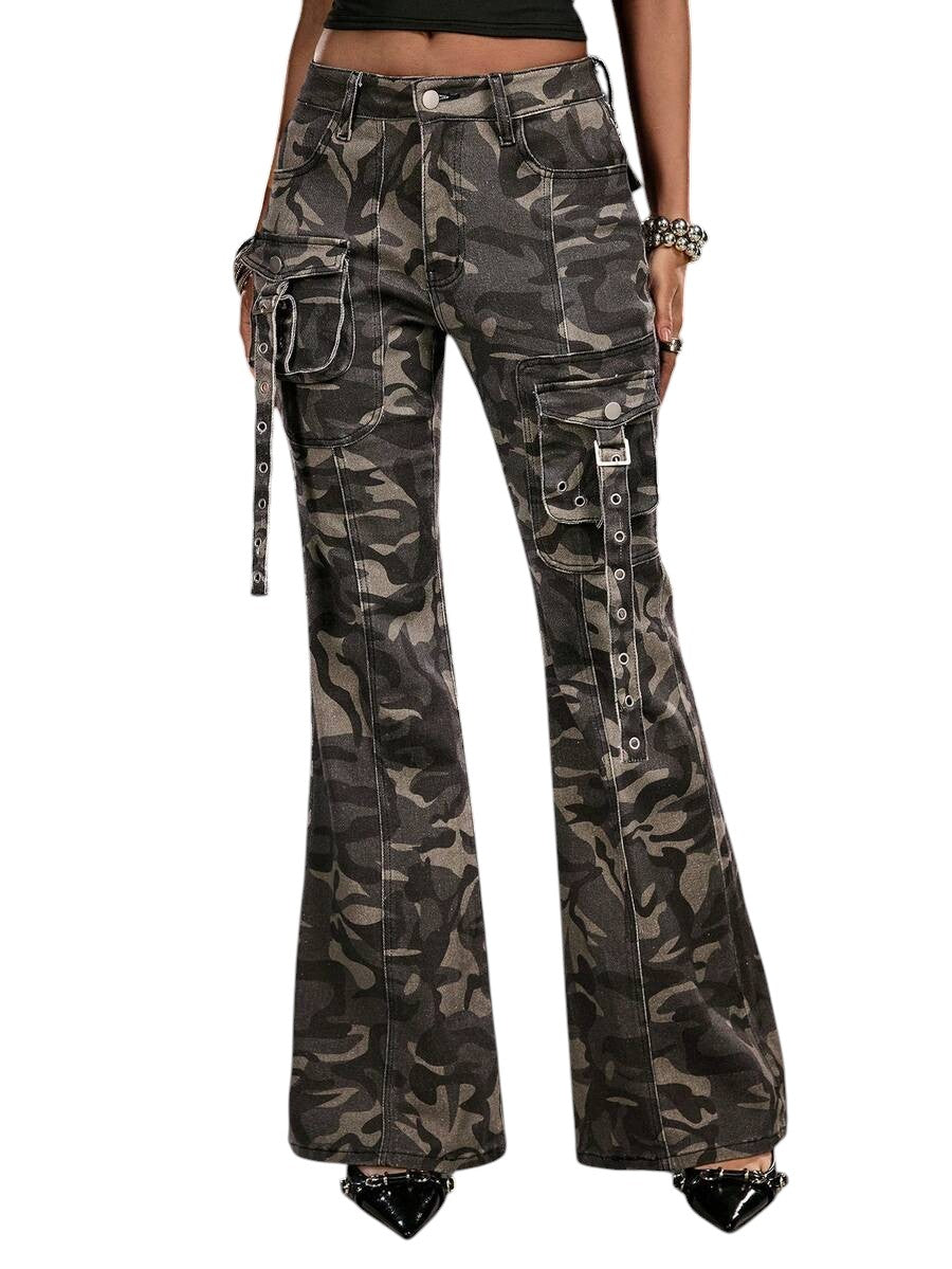 Women's Super Low Rise Camouflage Cargo Flare Denim Jeans