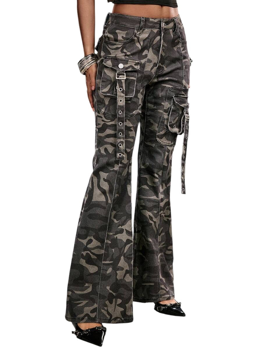 Women's Super Low Rise Camouflage Cargo Flare Denim Jeans