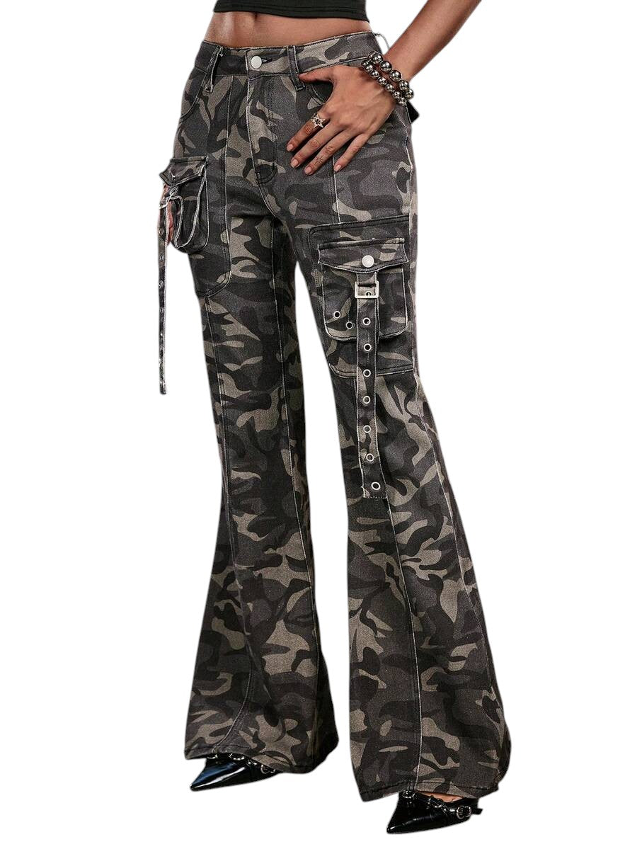 Women's Super Low Rise Camouflage Cargo Flare Denim Jeans