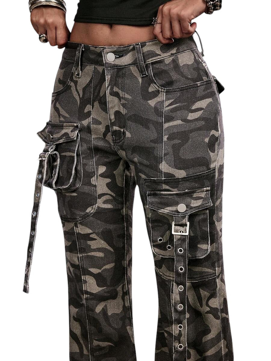 Women's Super Low Rise Camouflage Cargo Flare Denim Jeans