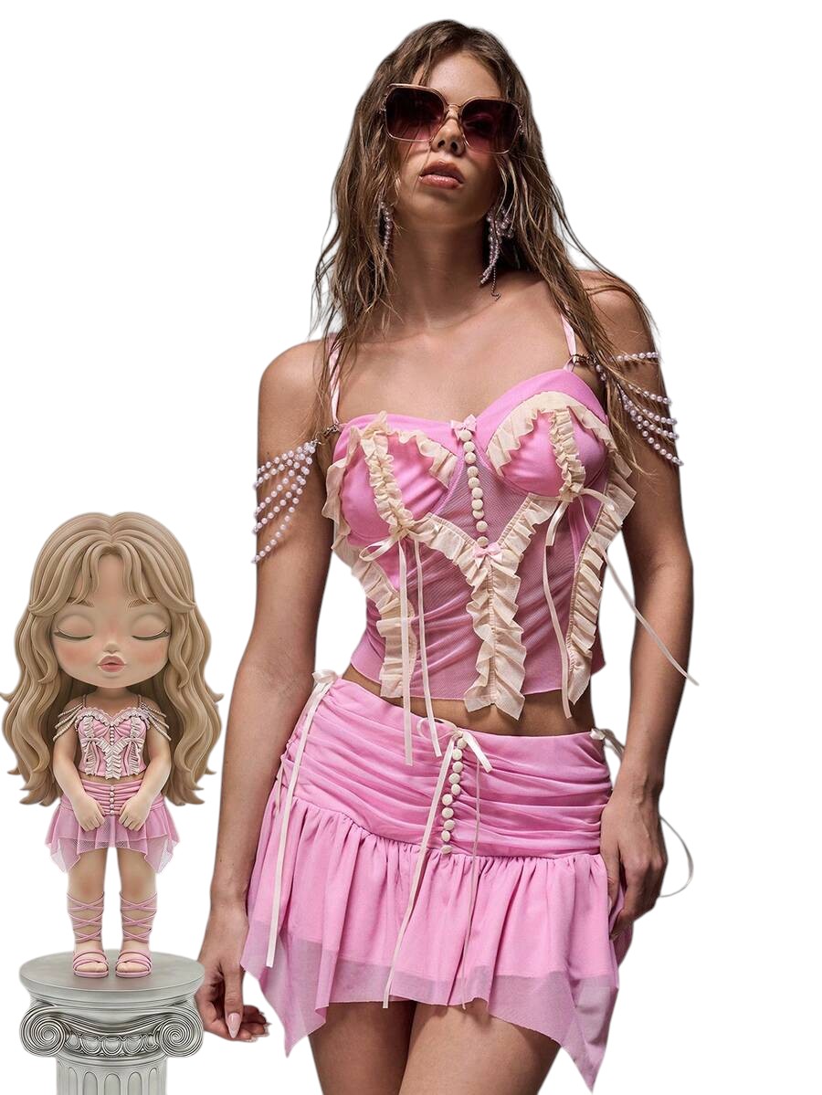 Romantic Palace Lace Bow Camisole & Ruffle Mini Skirt Co-Ord Set