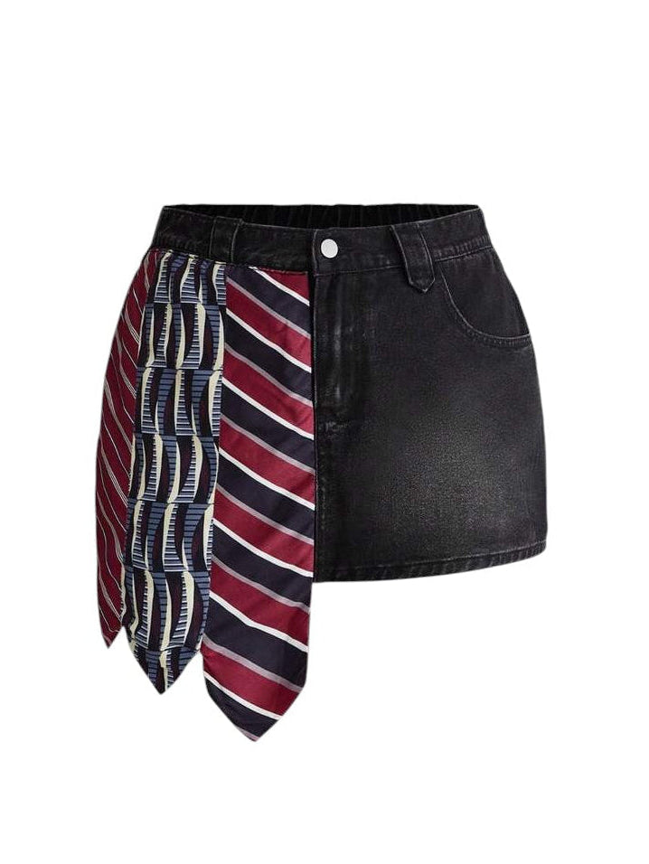 Plus Size Preppy Tie Patchwork Denim Black Mini Skirt