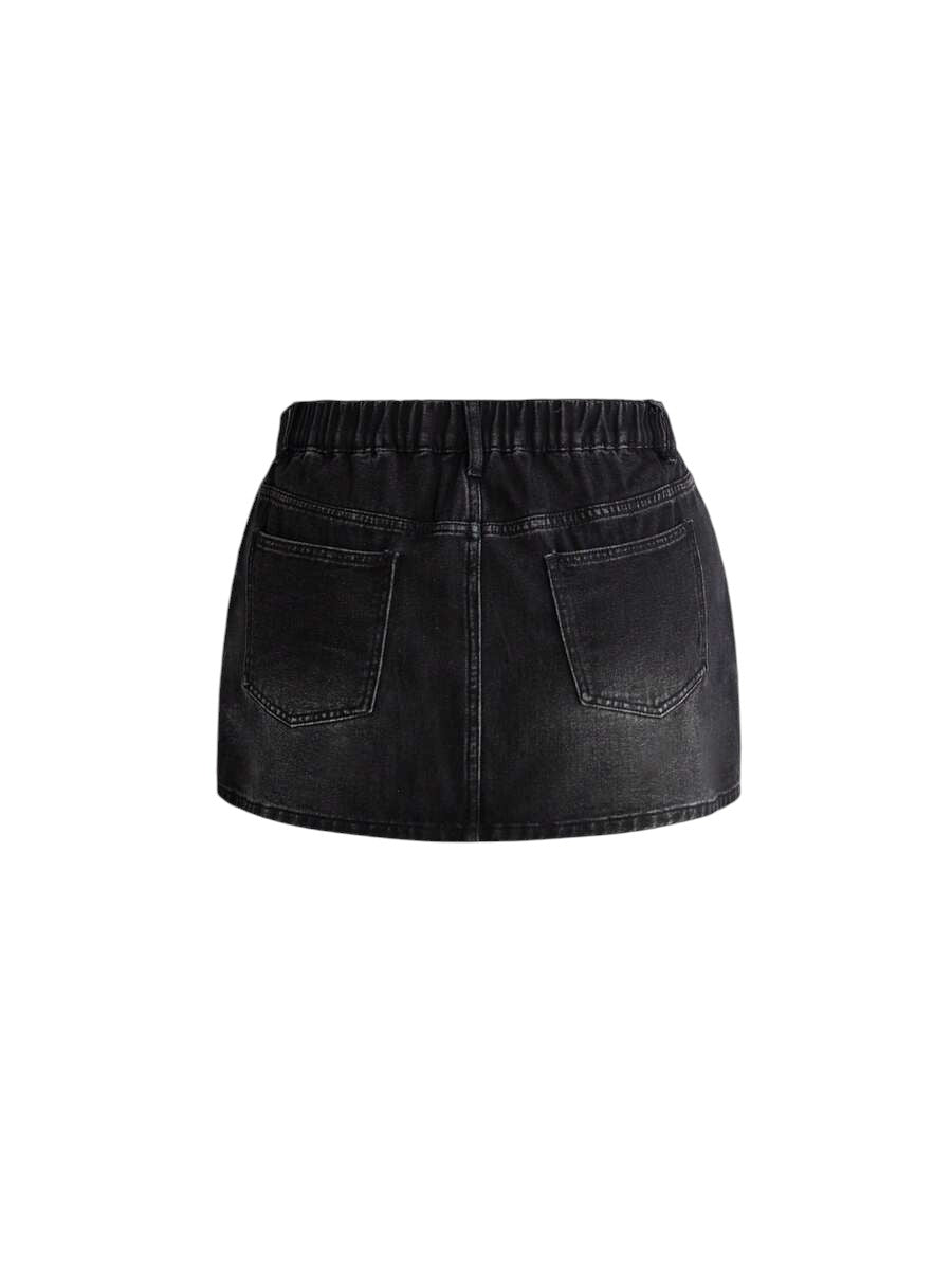 Plus Size Preppy Tie Patchwork Denim Black Mini Skirt