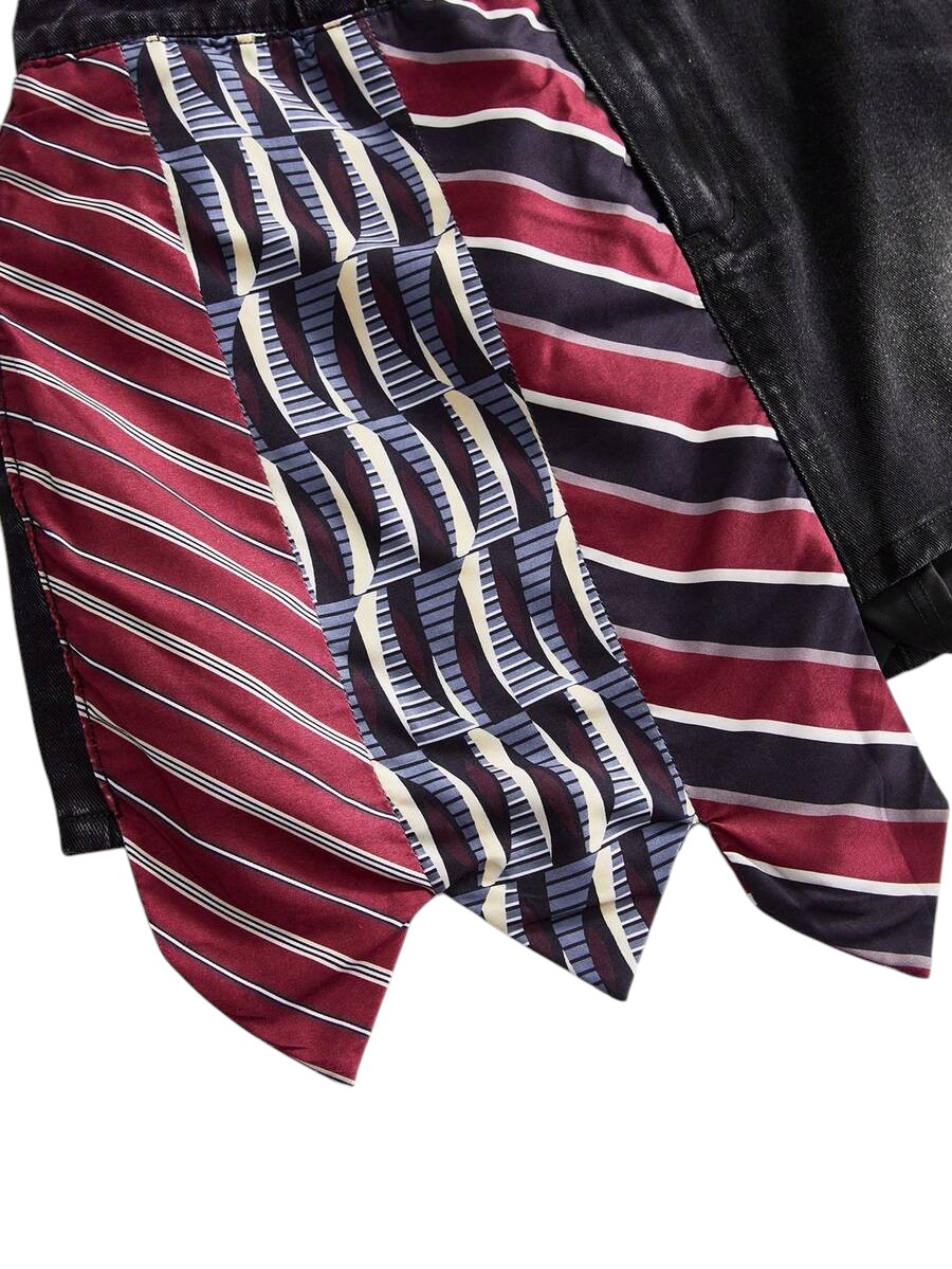Plus Size Preppy Tie Patchwork Denim Black Mini Skirt