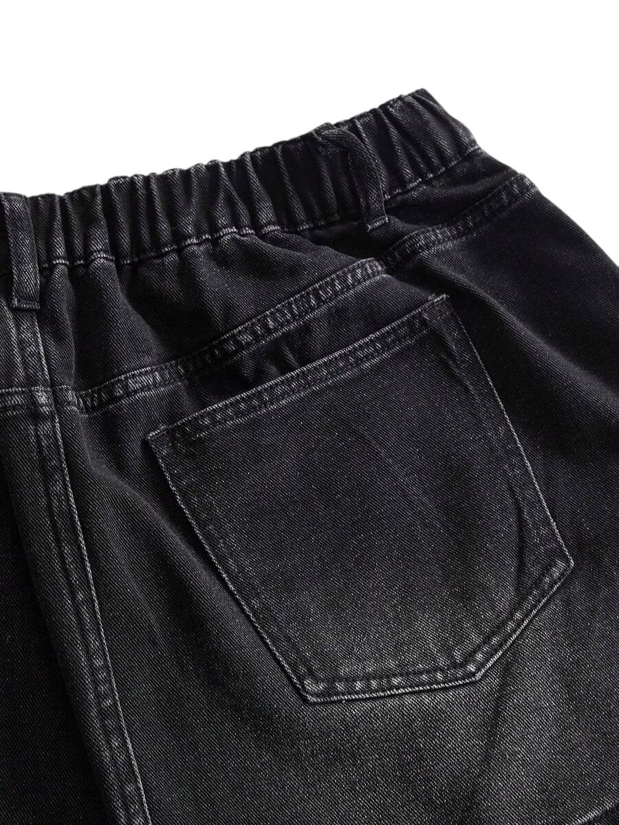 Plus Size Preppy Tie Patchwork Denim Black Mini Skirt