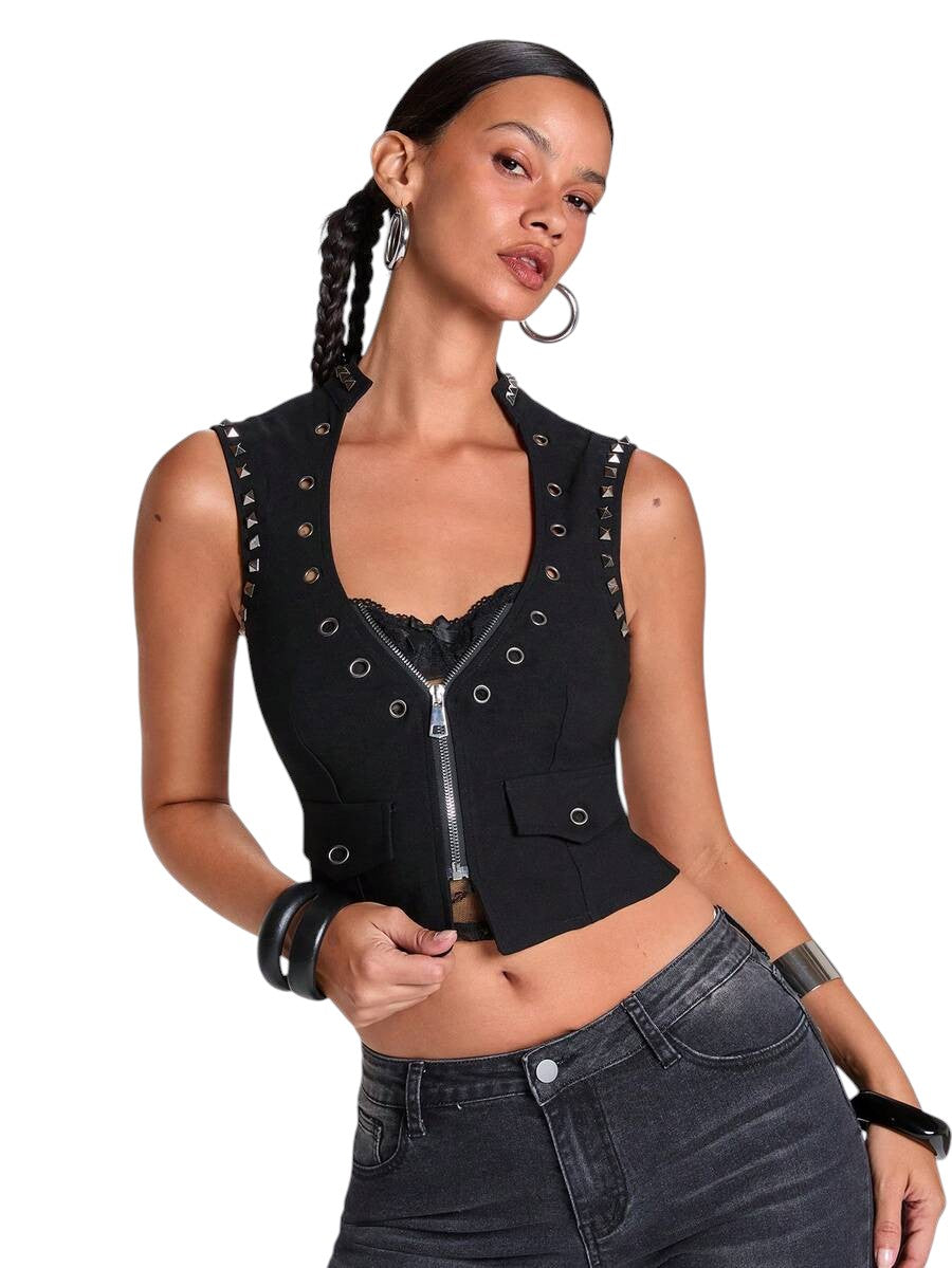Y2K Deep V Eyelet Corset Tank Top for Music Festival Streetwear