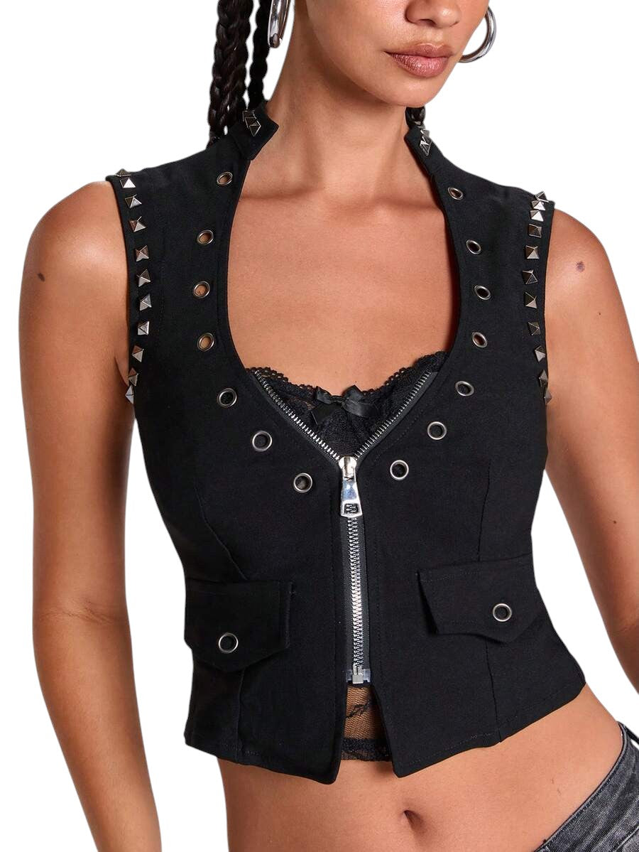 Y2K Deep V Eyelet Corset Tank Top for Music Festival Streetwear
