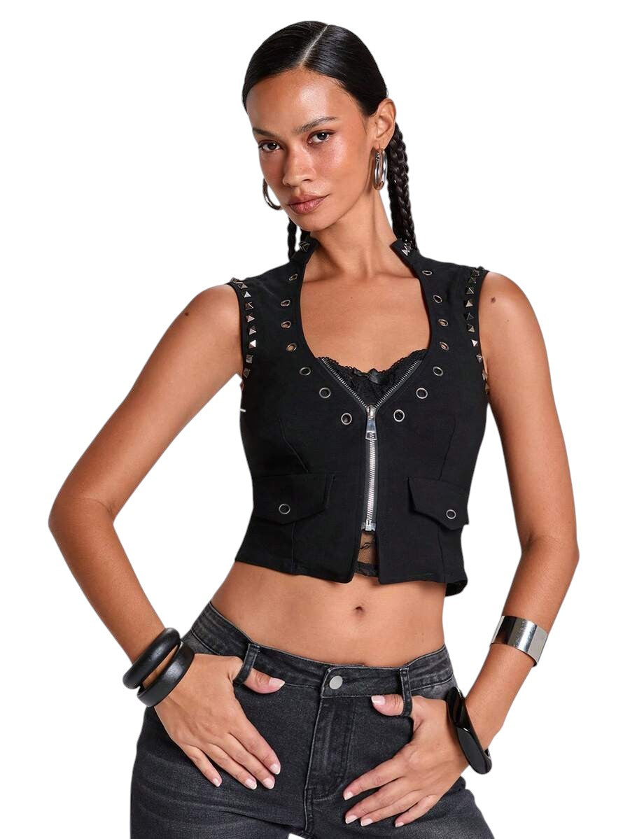 Y2K Deep V Eyelet Corset Tank Top for Music Festival Streetwear