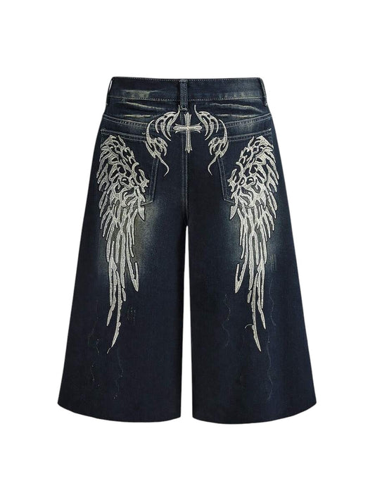 Dark Wash Y2K Wing Print Vintage Wash Ultra Low Rise Wide Leg Denim Shorts