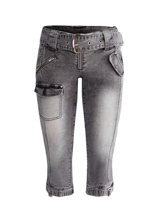 Women's Vintage Washed Gray Capri Cargo Jeans with Belt