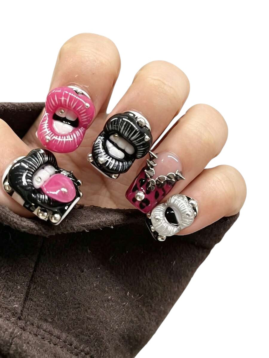 20pcs Y2K Leopard Lip Art Striped Rivet Square Press-On Nails Set