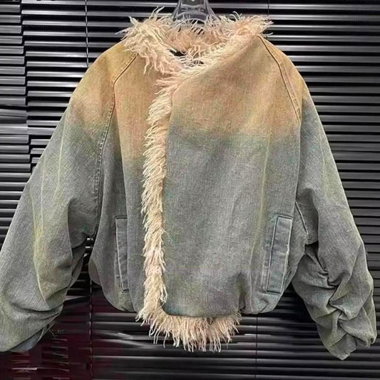 Women's Blue Beige Denim Fur Trim Coat