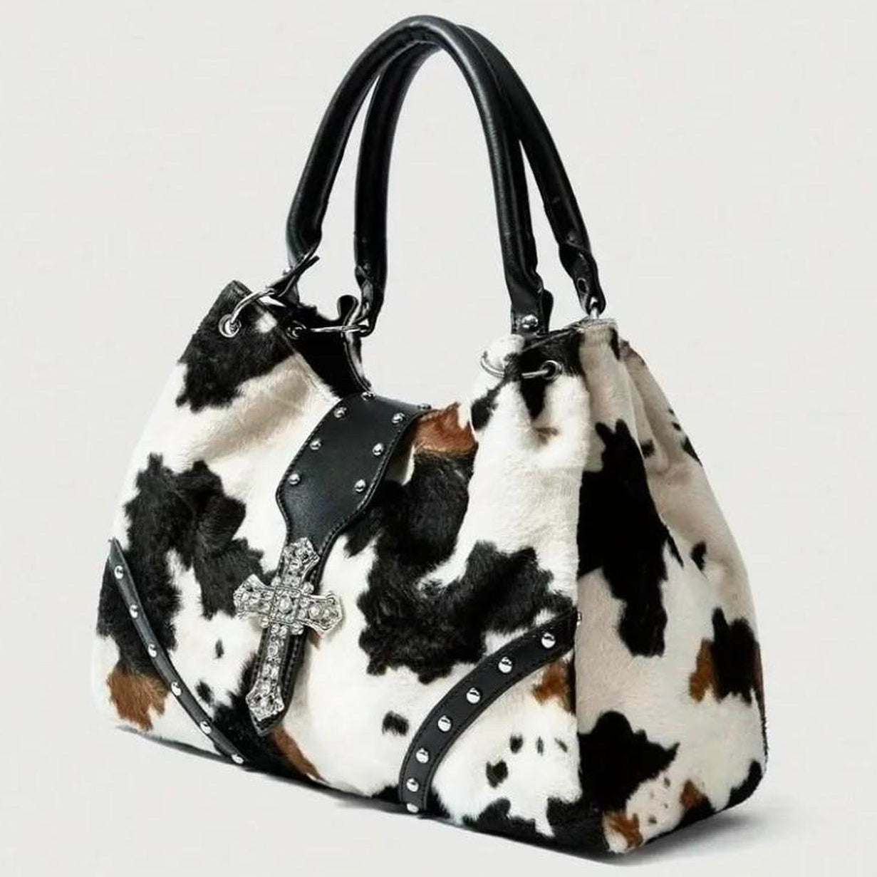 Black Multi-Colour Cowhide Leather Silver Studs Cross Handbag