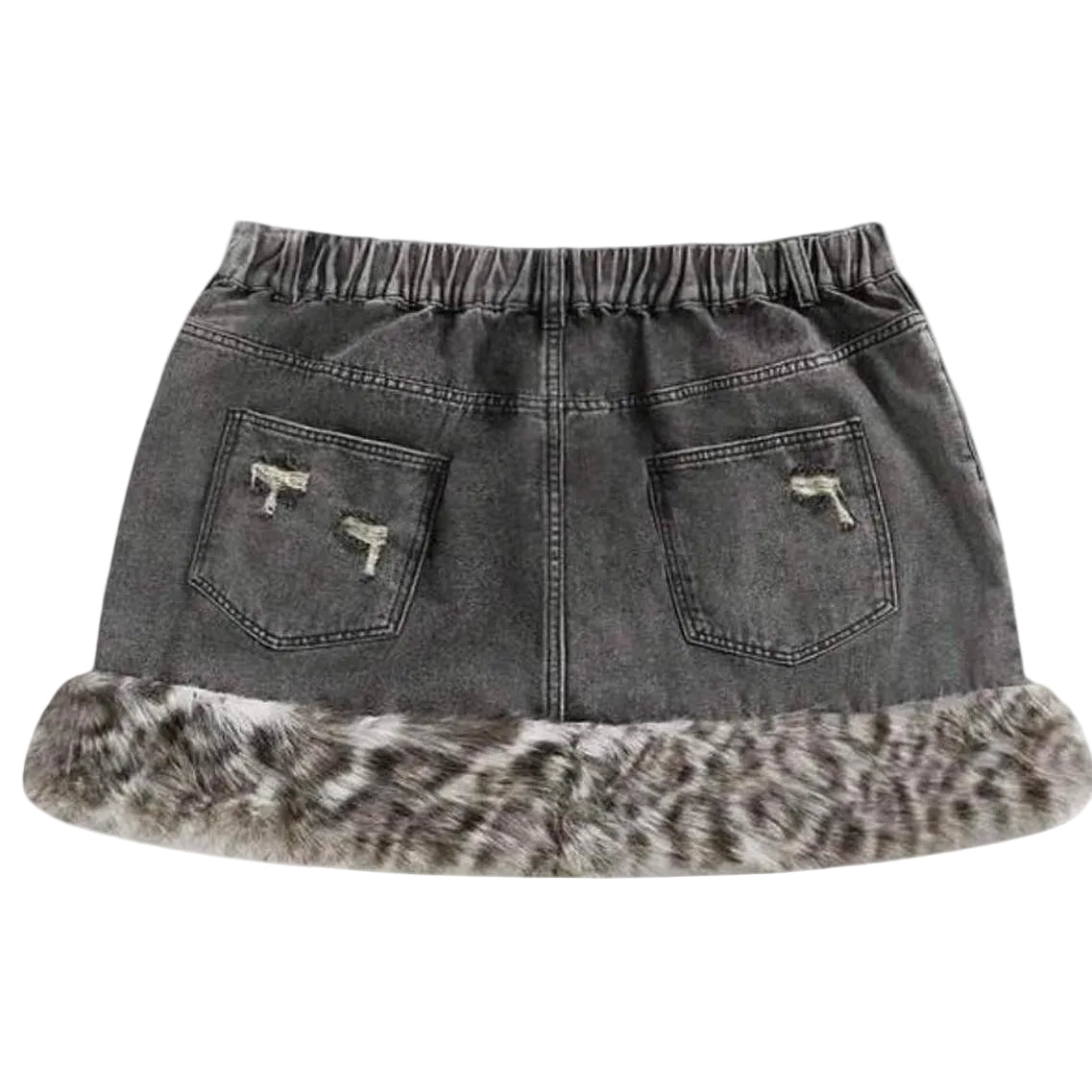 Women's Leopard Furry Grey Black Studded Cross Skirt