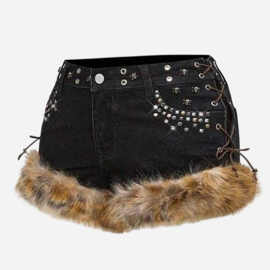Denim Low Waist Studded Patchwork Shorts