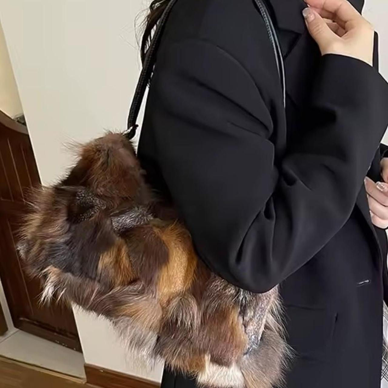 Brown Multi-Colour Plush Fur Shoulder Handbag