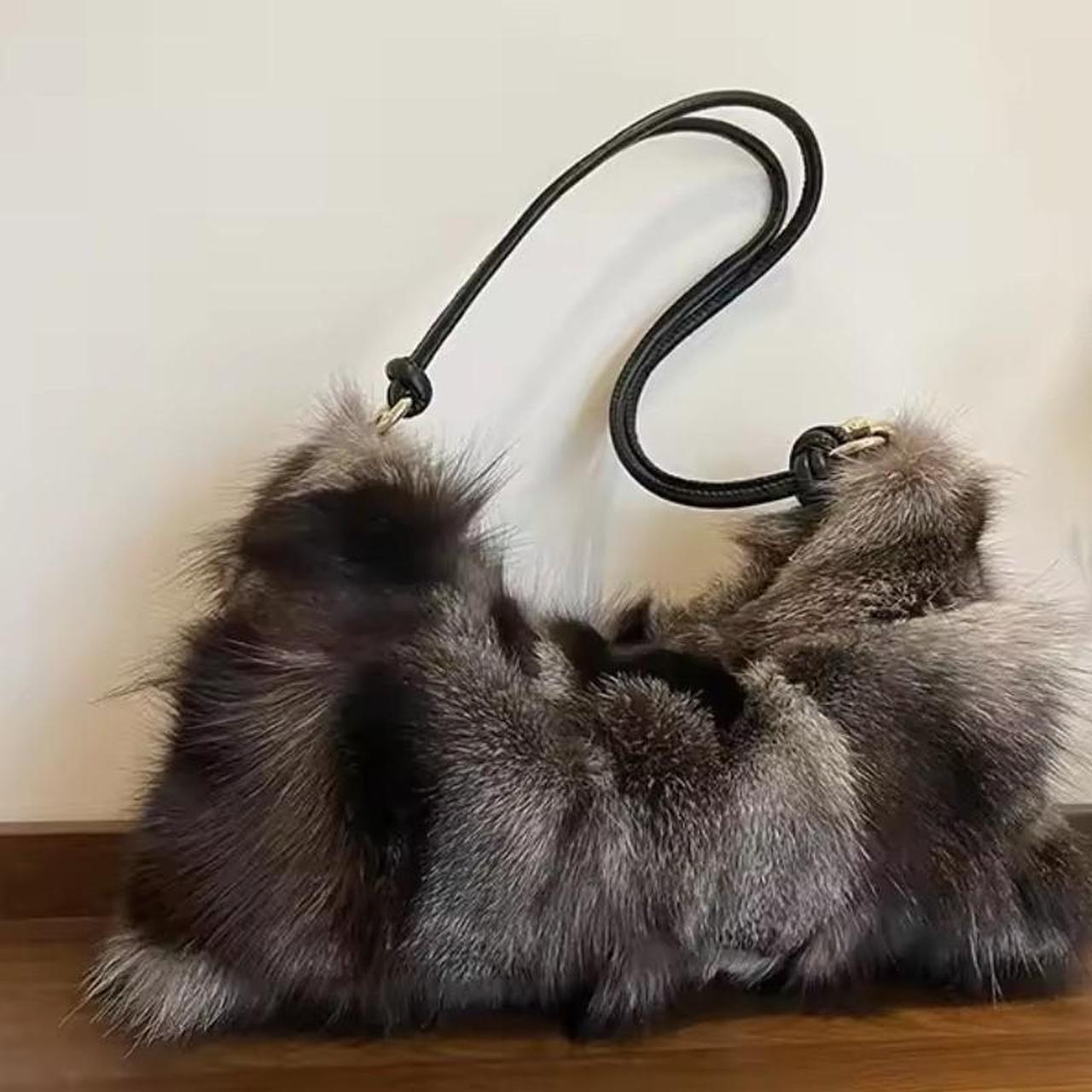 Grey Multi-Colour Plush Fur Shoulder Handbag