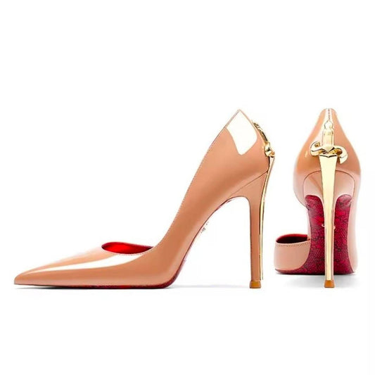 Cream Beige Patent Leather Gold Decor High Heels