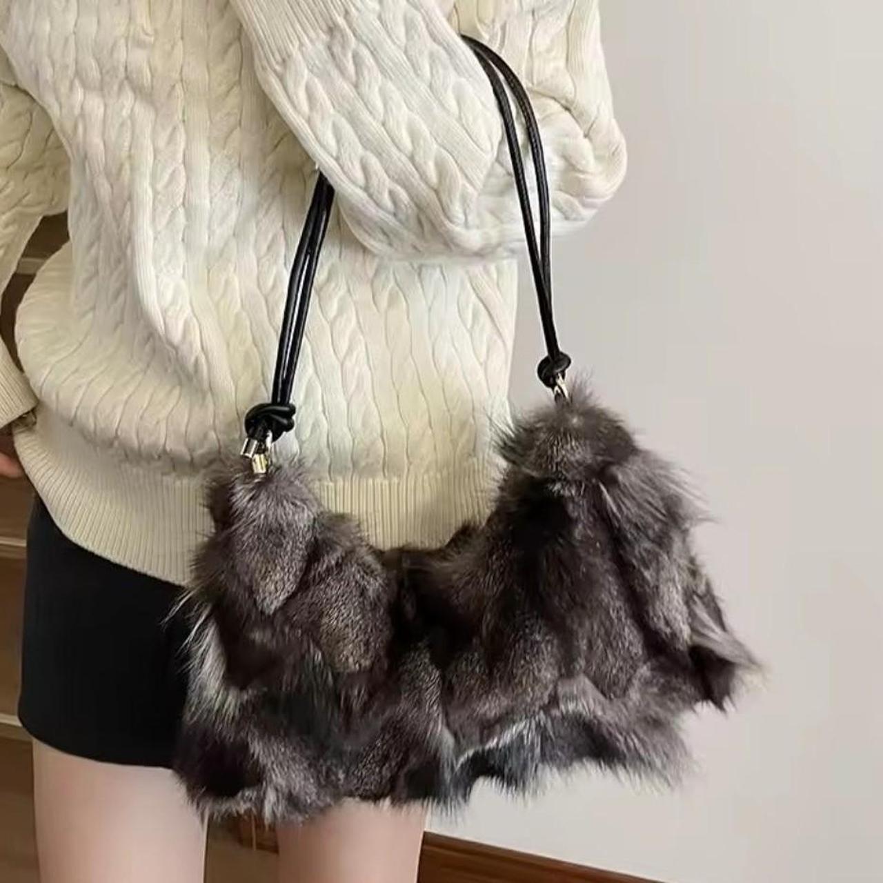 Grey Multi-Colour Plush Fur Shoulder Handbag