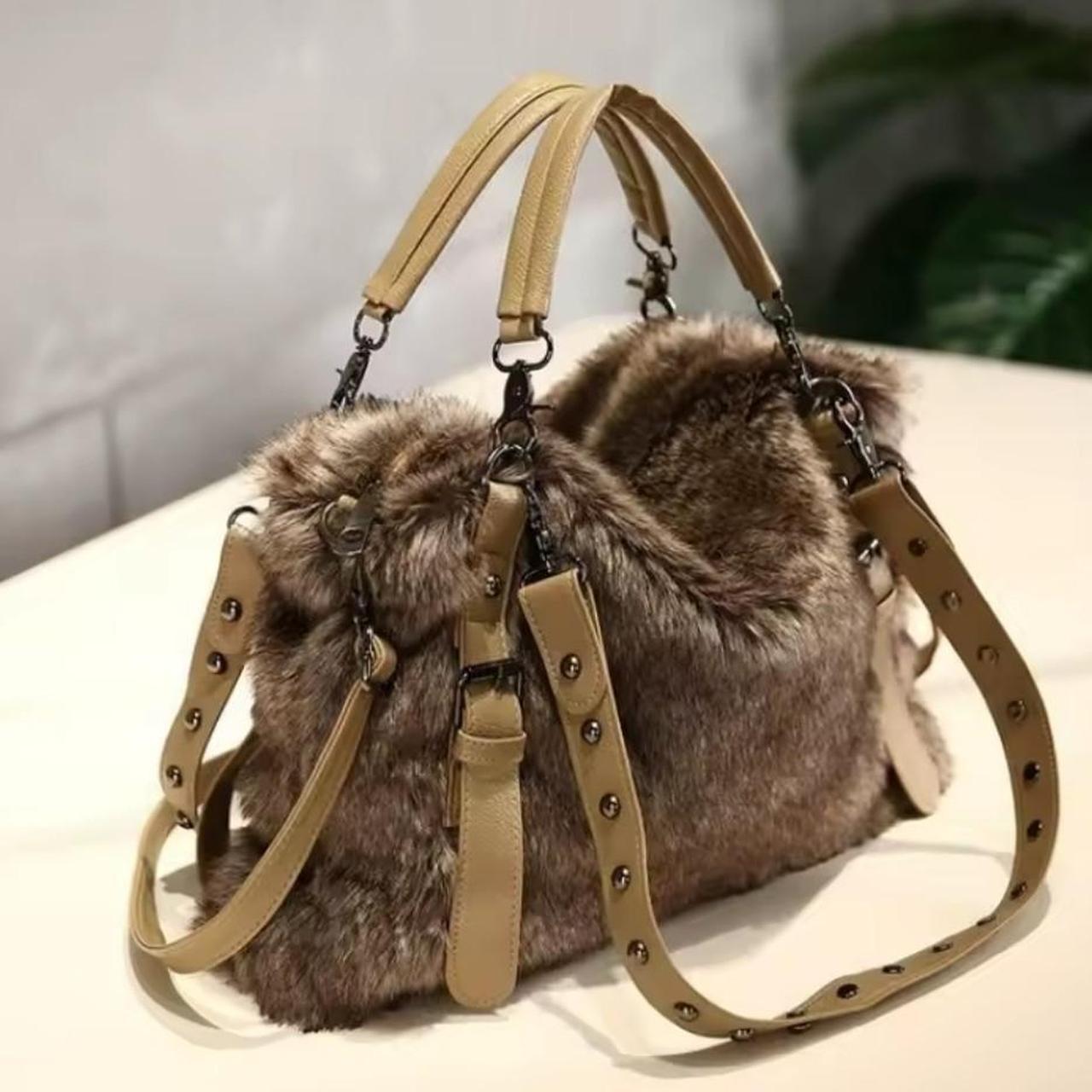 Brown Tan Fur Shoulder Handbag