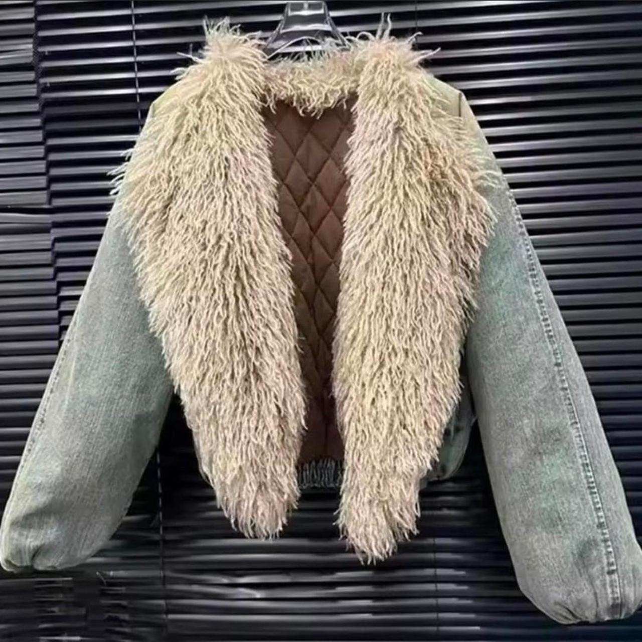 Women's Blue Beige Denim Fur Trim Coat