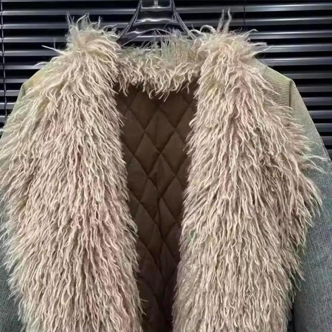 Women's Blue Beige Denim Fur Trim Coat