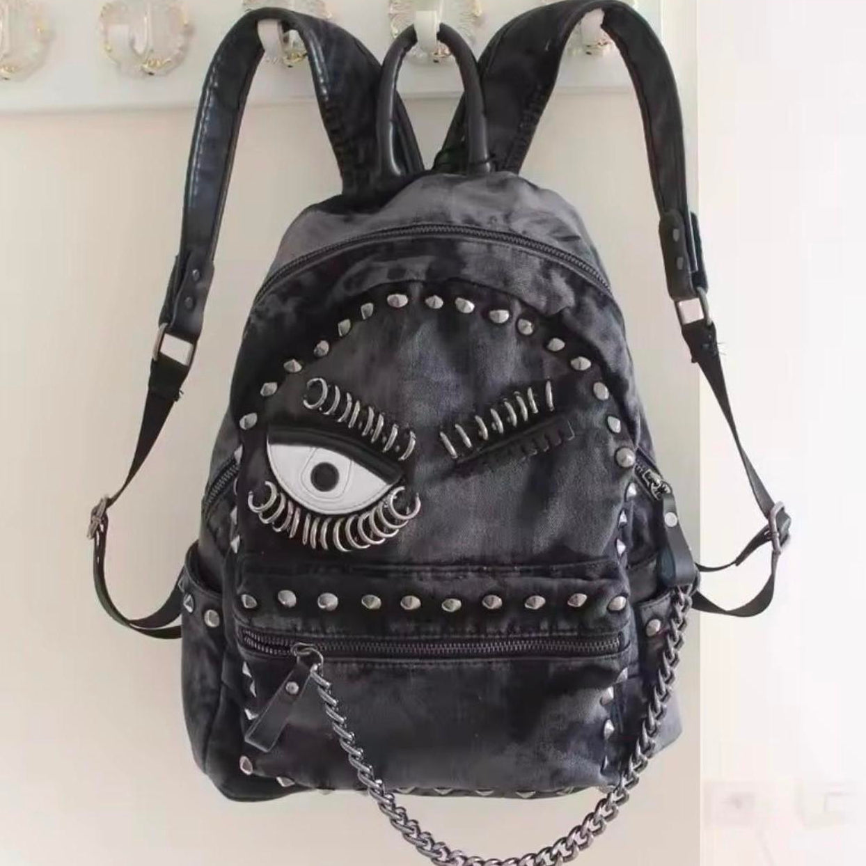 Black Denim Studded Backpack