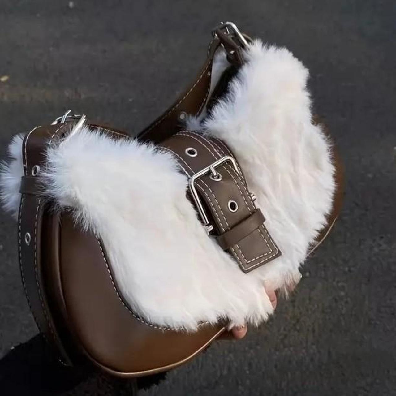Brown White Fur Plush Buckle Crossbody Shoulder Handbag